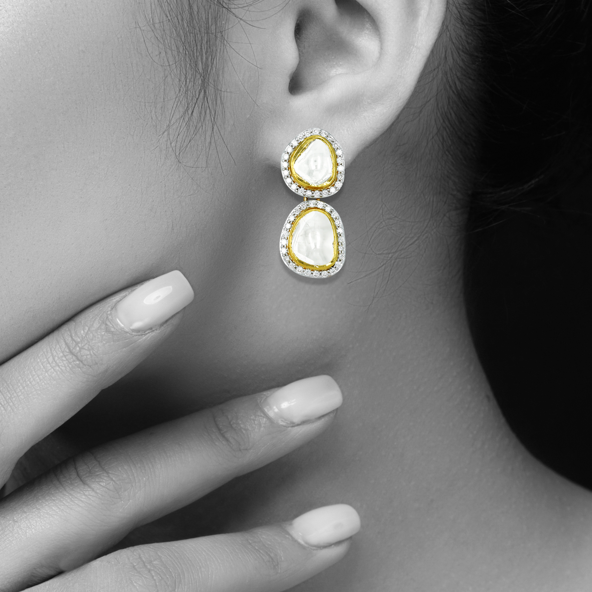 Two-Tier Polki Earrings with Diamond Border